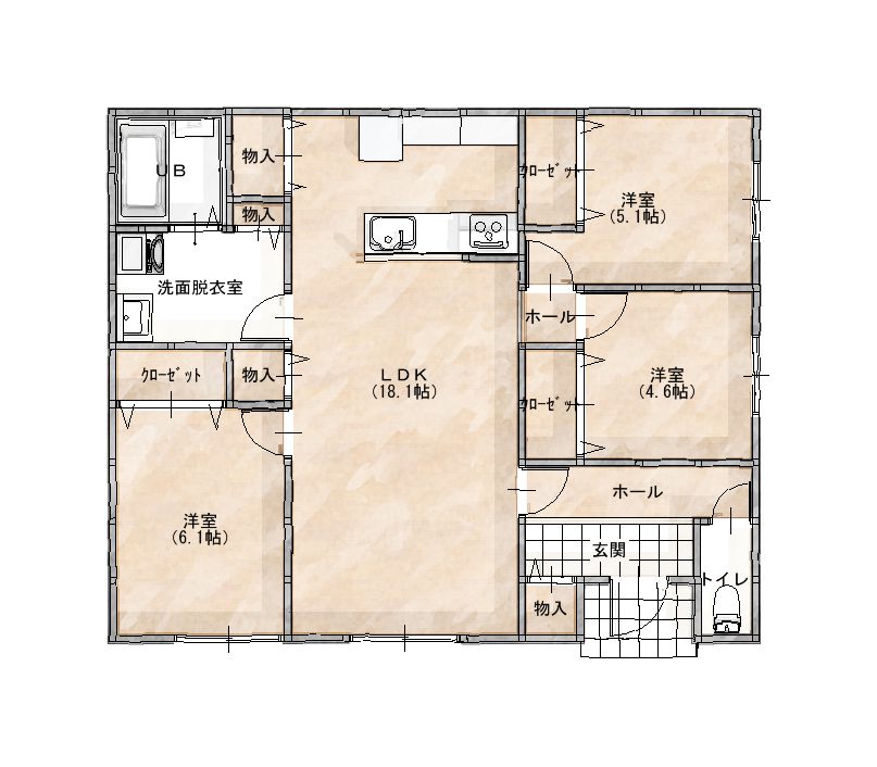 平屋3LDK・25坪の間取り図